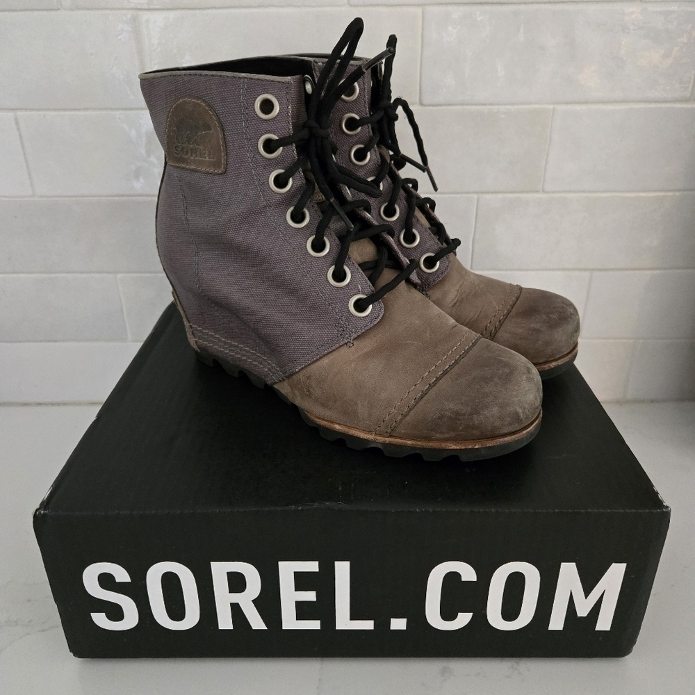 Sorel PDX Lexie Leather Canvas Wedge Lace-Up Ankle Boot Gray Brown Size 8.5 - Picture 2 of 9